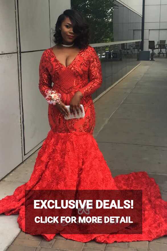 Long Sleeve Red Sequin Prom Dress with Long Train - VQ