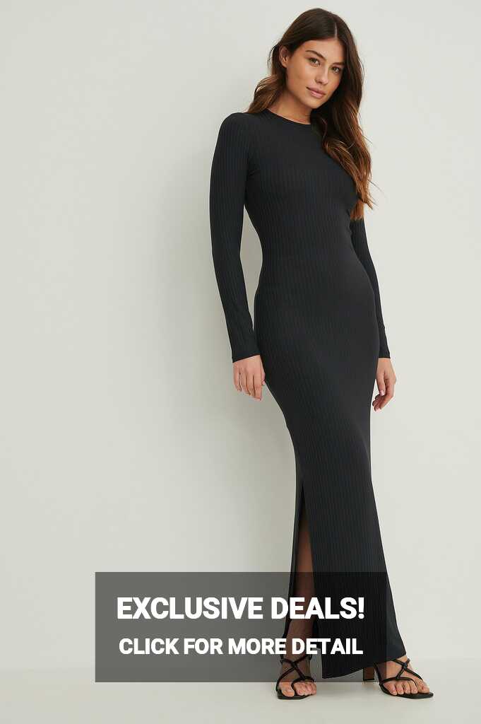 Long Sleeve Ribbed Maxi Dress Black | NA-KD