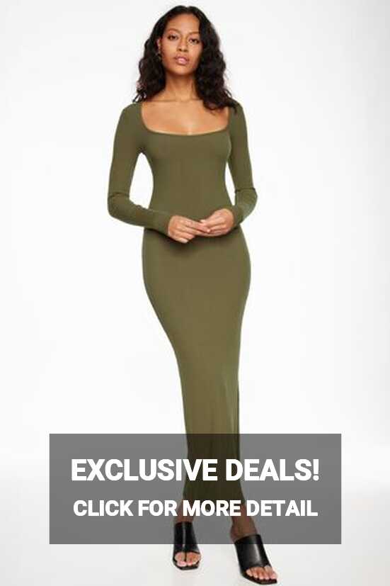 Long Sleeve Ribbed Maxi Dress Green | Dynamite