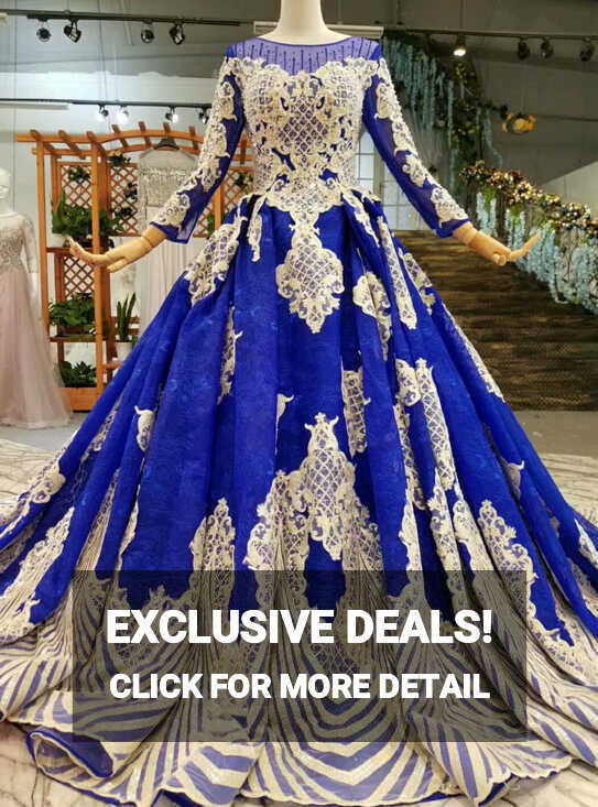 Long Sleeve Royal Blue Tulle Lace Appliques Luxury Wedding Dress