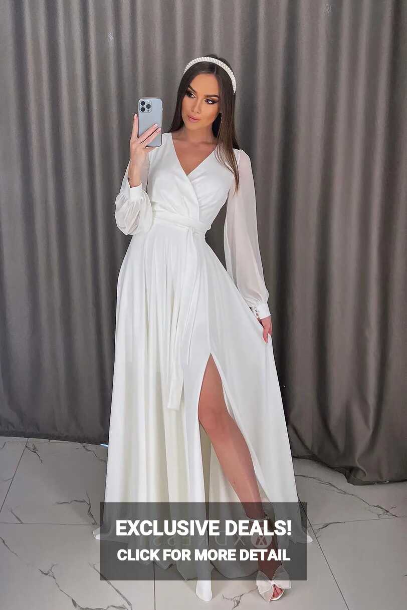 Long Sleeve Satin Chiffon High Slit Bridal Shower Dress - Xdressy