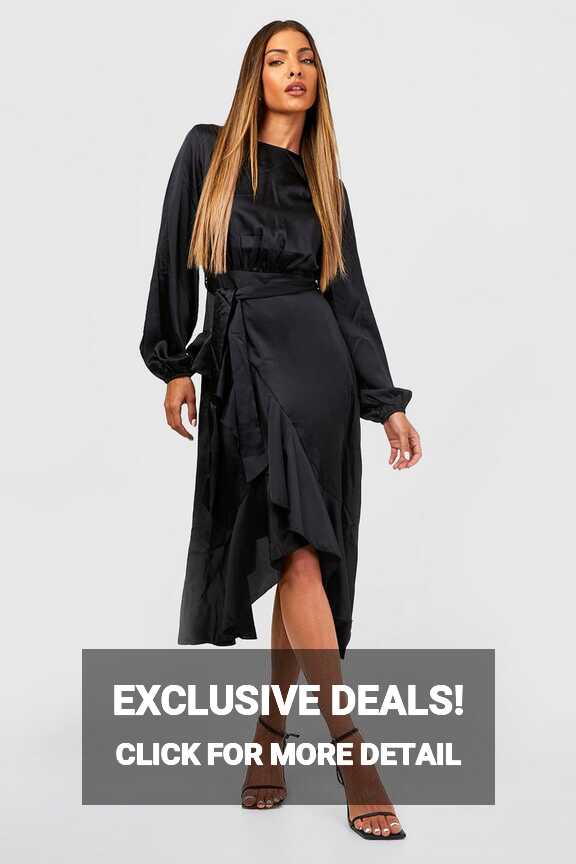 Long Sleeve Satin Frill Wrap Midi Dress | boohoo DK