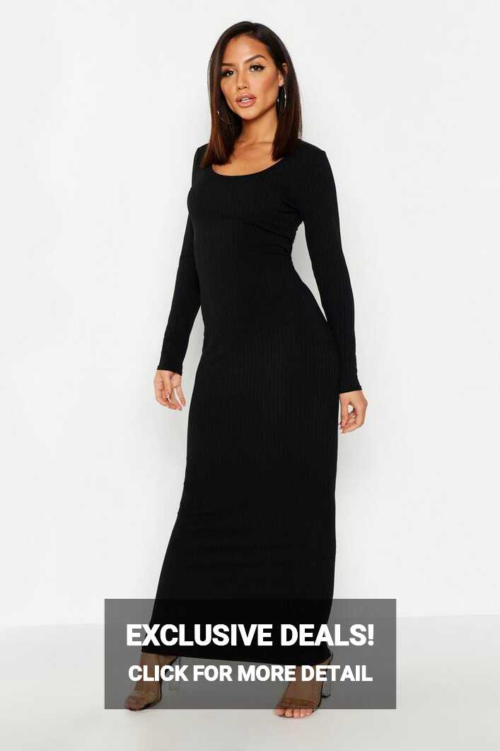 Long Sleeve Scoop Neck Ribbed Maxi Dress | boohoo NZ