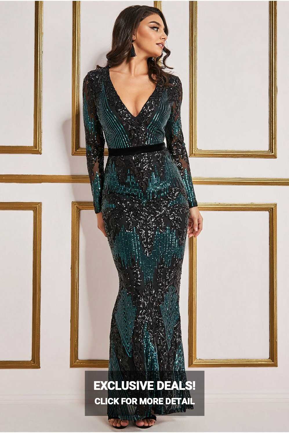 Long Sleeve Sequin Evening Maxi Dress - Emerald