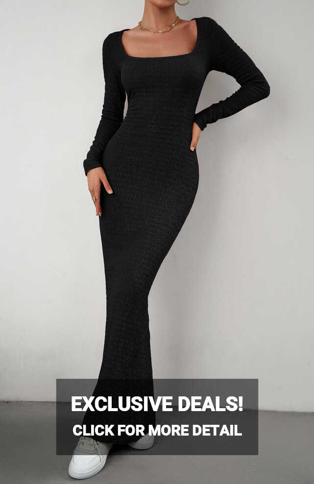 Long Sleeve Square Neck Maxi Bodycon Dress - Flyclothing LLC