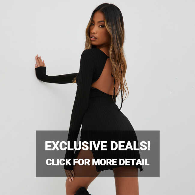 Long Sleeve Tie Back Detail Side Split Mini Dress In Black Ribbed ...