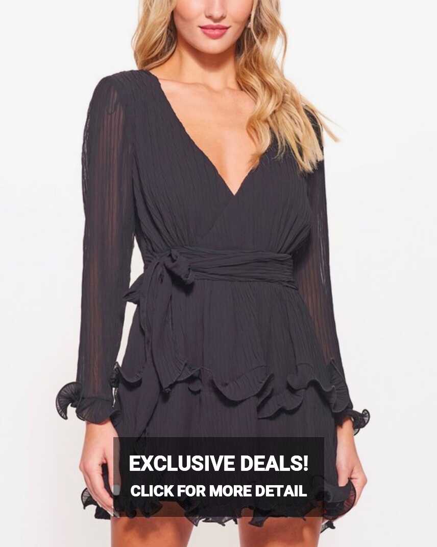 Long Sleeve Tiered Ruffle Chiffon V-neck Dress with Tie Waist in ...