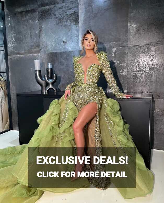 Long Sleeve V Neck Olive Green Evening Dress With Beaded Appliques ...