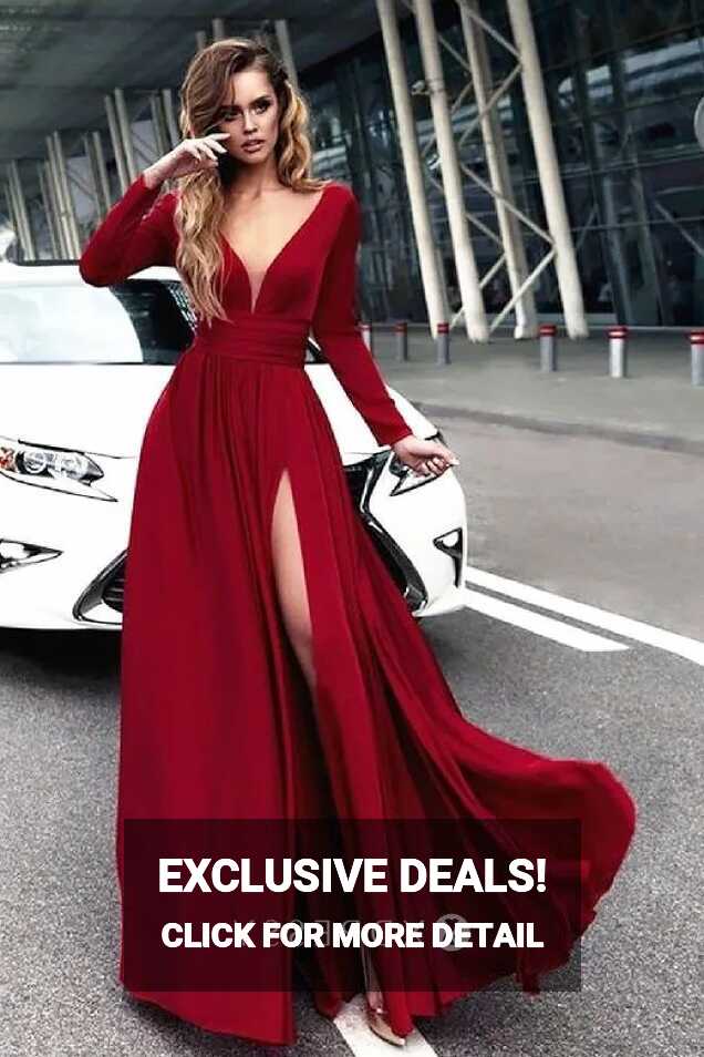 Long Sleeve V Neck Split Crimson Red Prom Dress - Xdressy