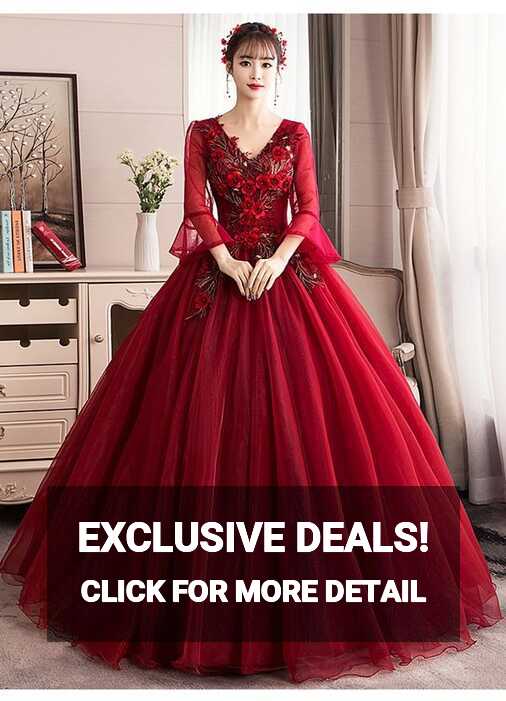 Long Sleeve V neck Wine Red Wedding Gown - OneSimpleGown.com | Red ...