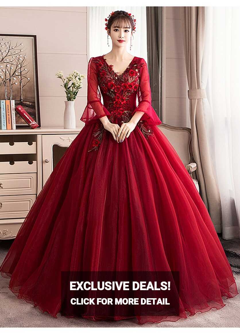 Long Sleeve V neck Wine Red Wedding Gown - OneSimpleGown.com