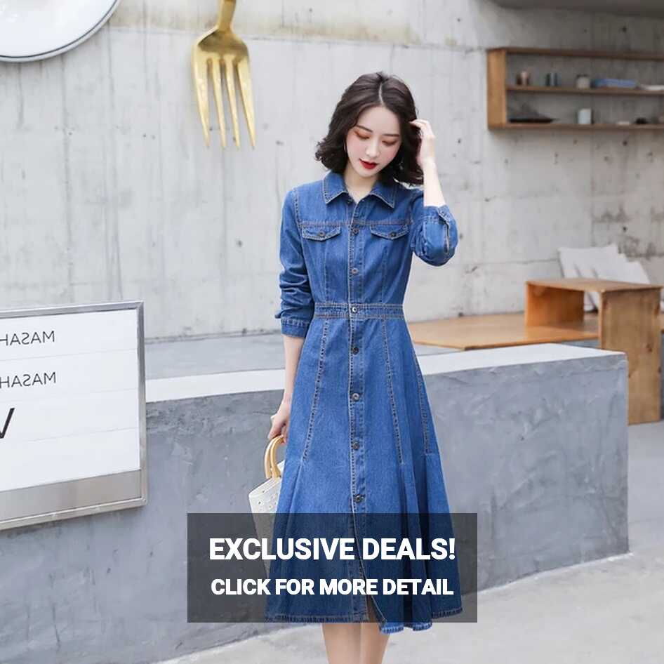 Long Sleeve Women Denim Dress Lapel Single Breasted A-Line Blue ...