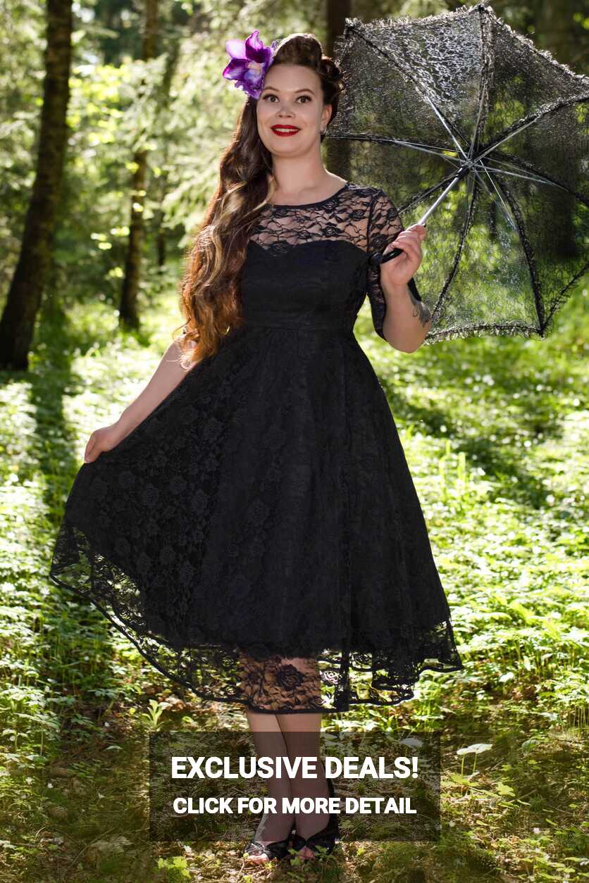 Long Sleeved Mid Calf Formal Lace Dress in Black