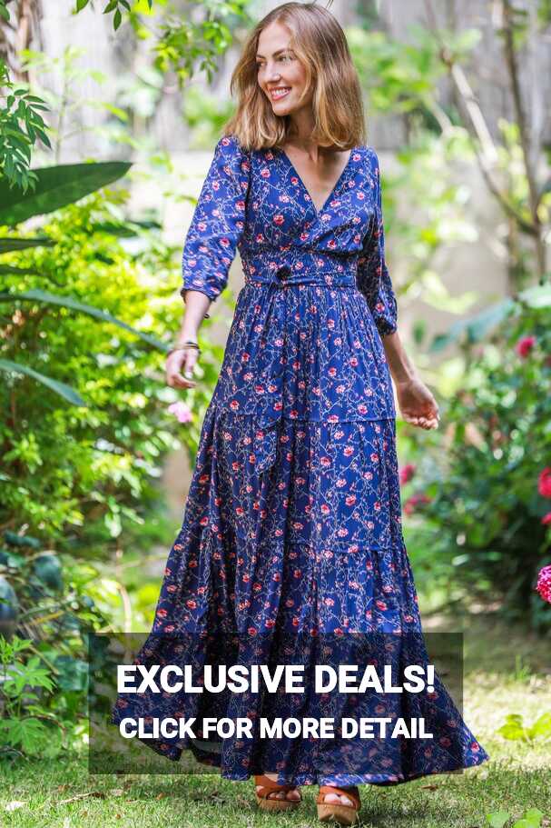 Long Sleeves Conservative Dress, Flower Print Frill Dress, Evening ...