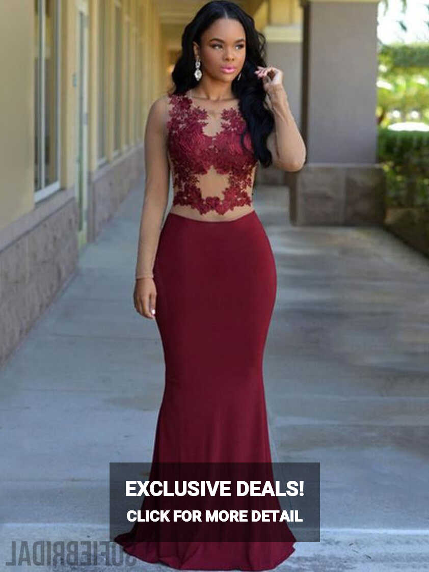 Long Sleeves Dark Red Lace Mermaid Jersey Prom Dresses, PD0982 ...