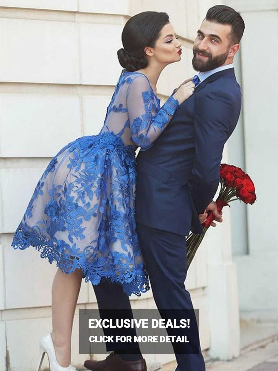 Long Sleeves Knee Length Short Blue Lace Prom Dresses, Knee Length ...