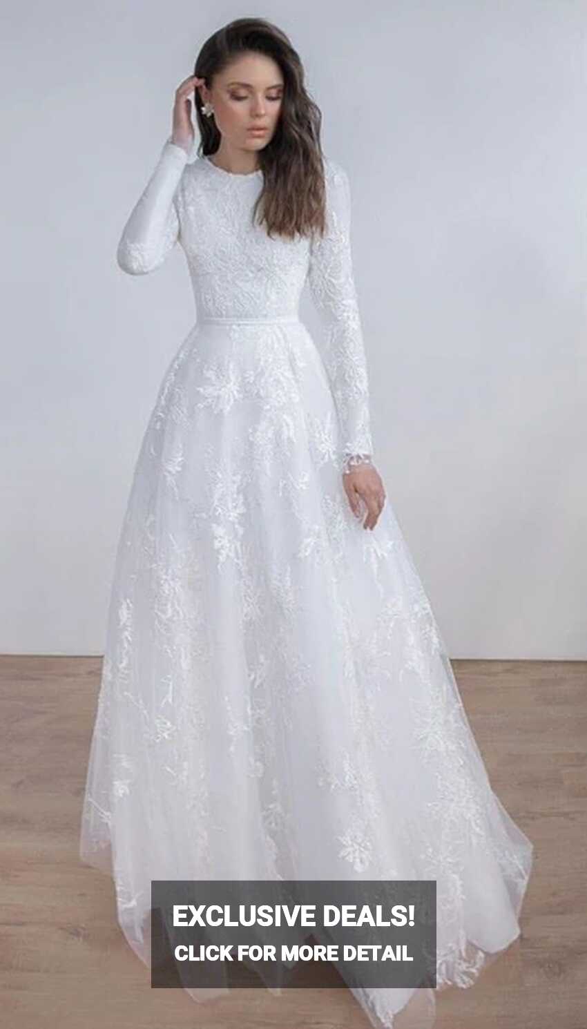 Long Sleeves Lace A-line Modest Wedding Dresses Jewel Neck Sweep ...