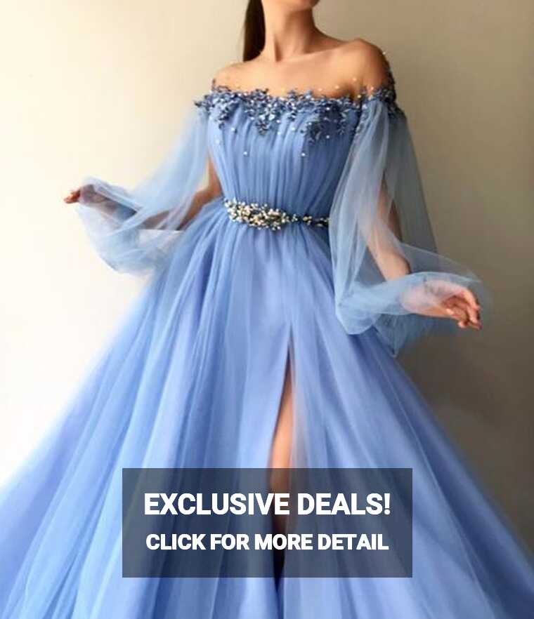 Long Sleeves Light Blue Empire Waist Prom Dresses Formal Evening ...