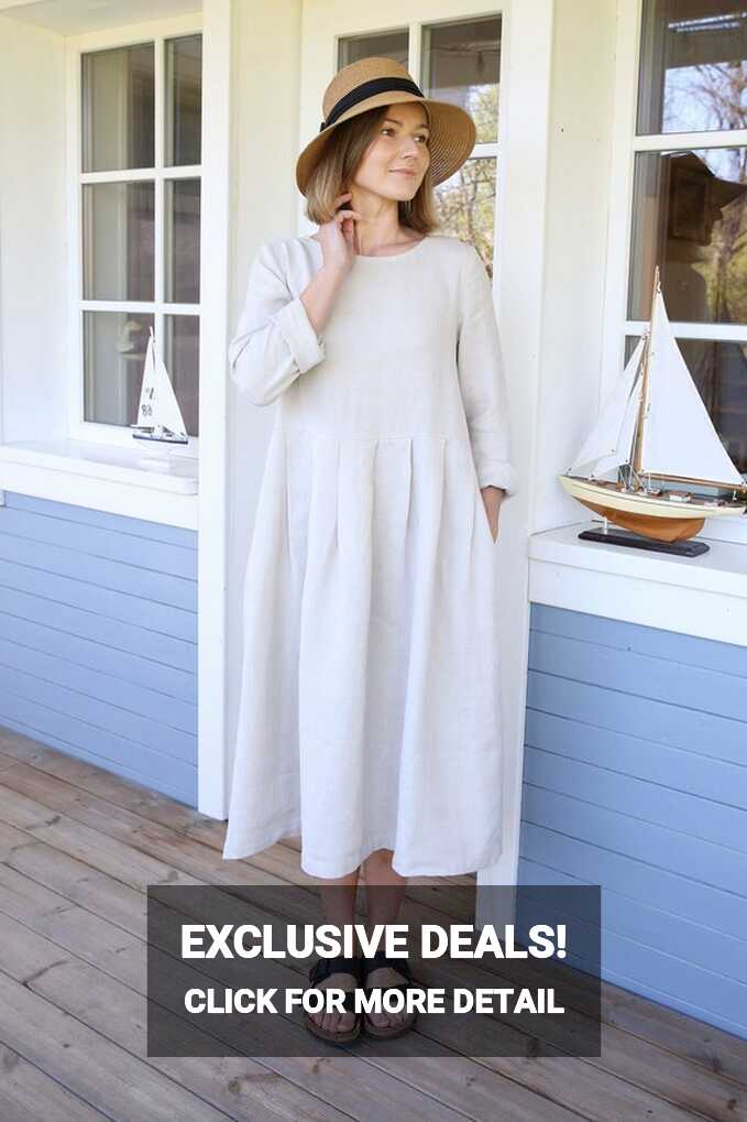 Long Sleeves Linen Dress, Linen Clothing With Pockets, Bellow-the ...