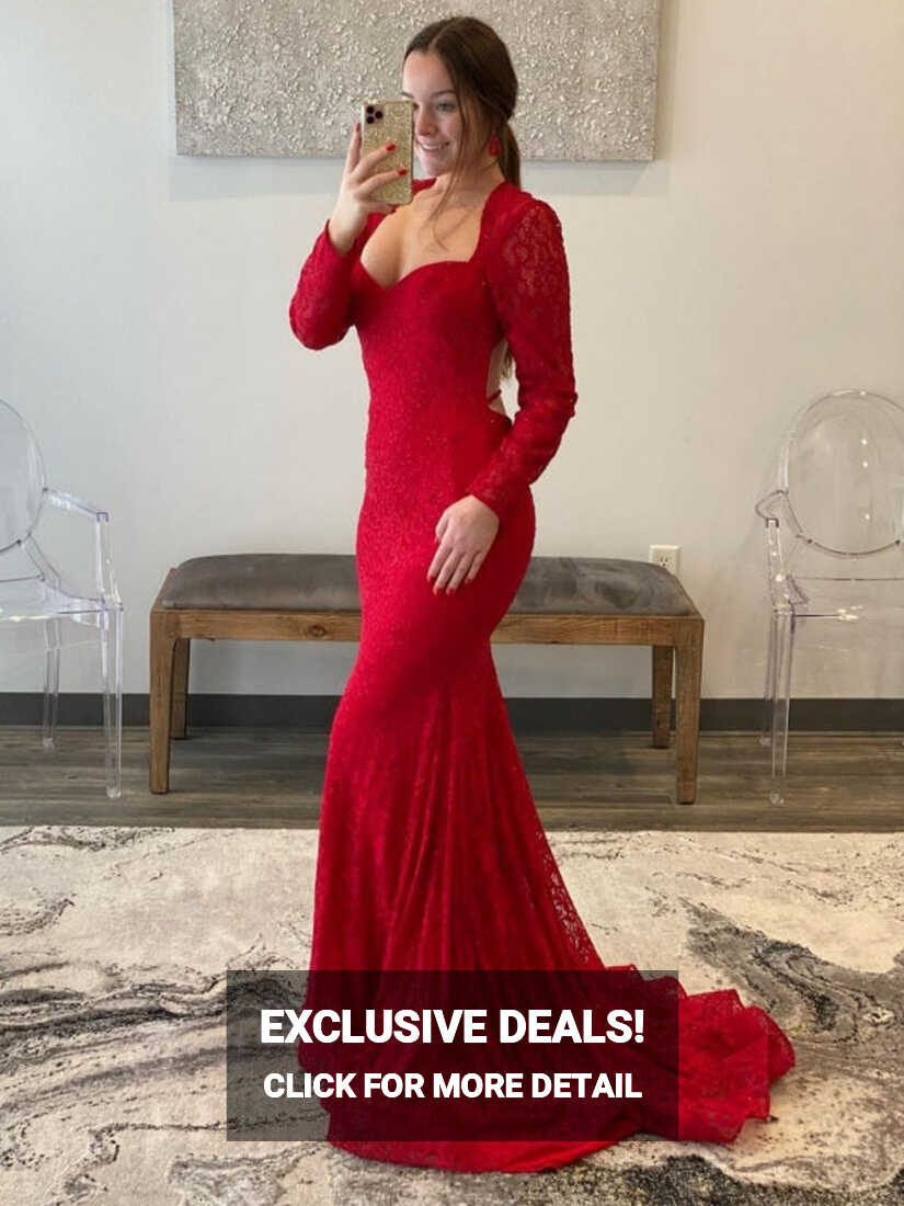 Long Sleeves Mermaid Red Lace Prom Dresses, Long Beaded Red Lace ...