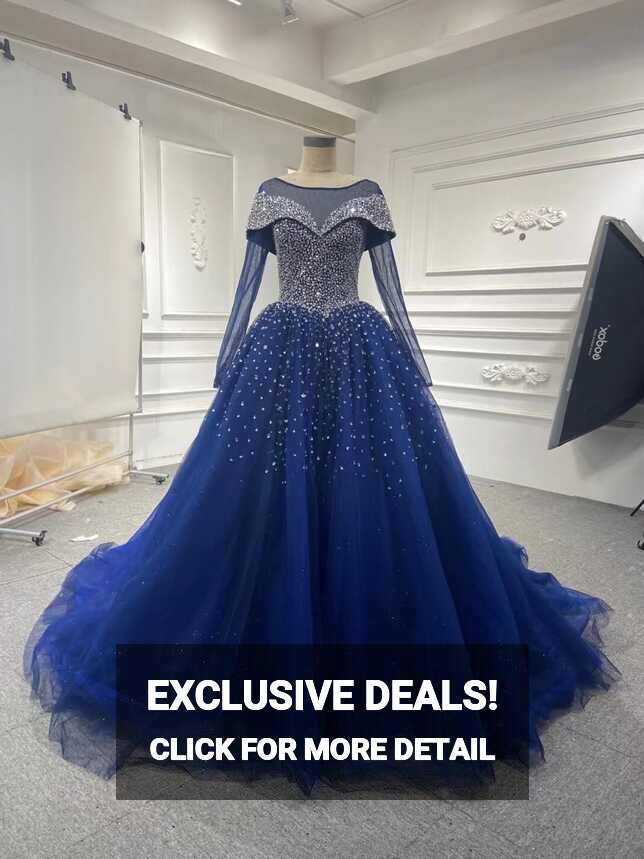 Long Sleeves Navy Blue Wedding Dresses Crystals Sequined Ball Gown ...