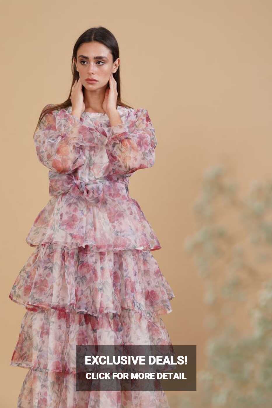 Long Sleeves Organza Floral Dress with Ruffles - Le Merge