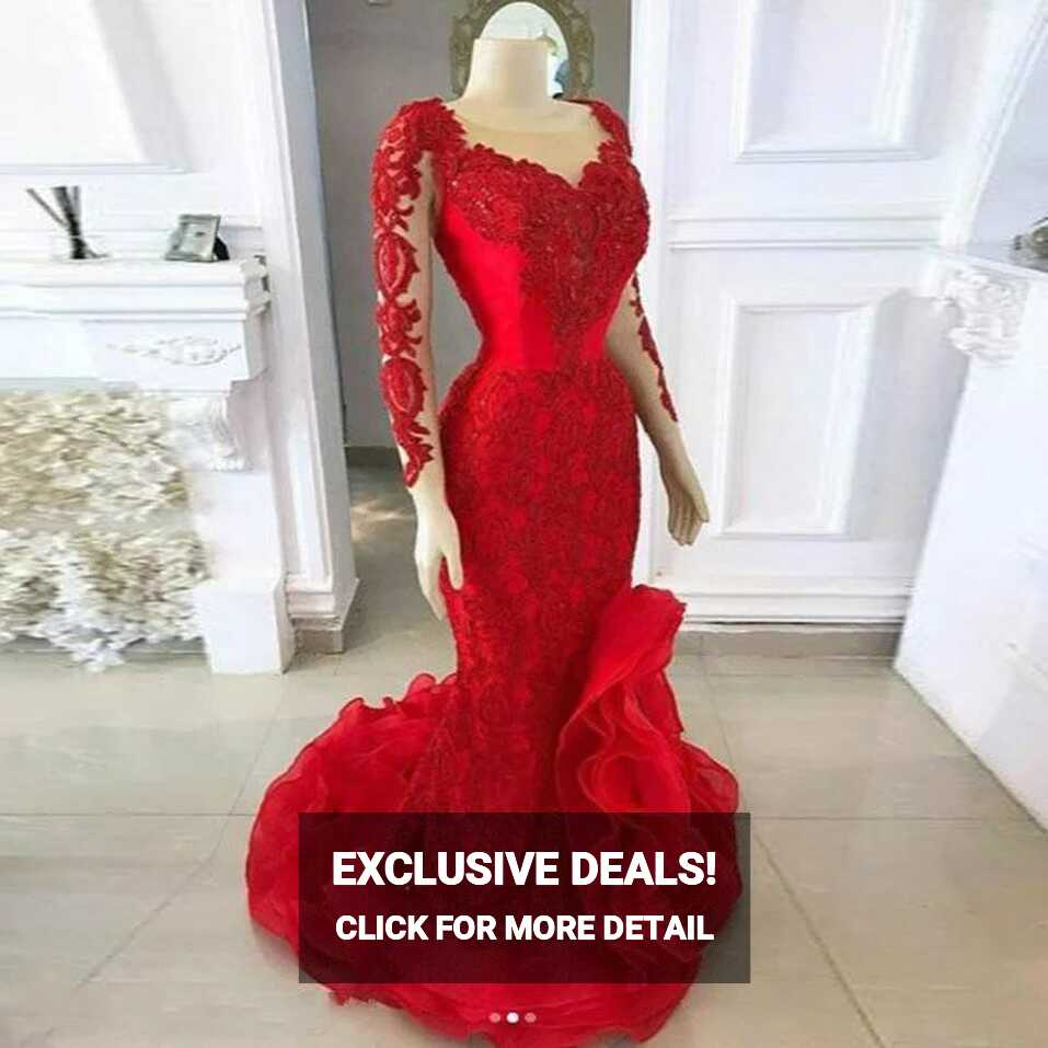 Long Sleeves Prom Dresses Red Lace Organza Mermaid Evening Gowns B4