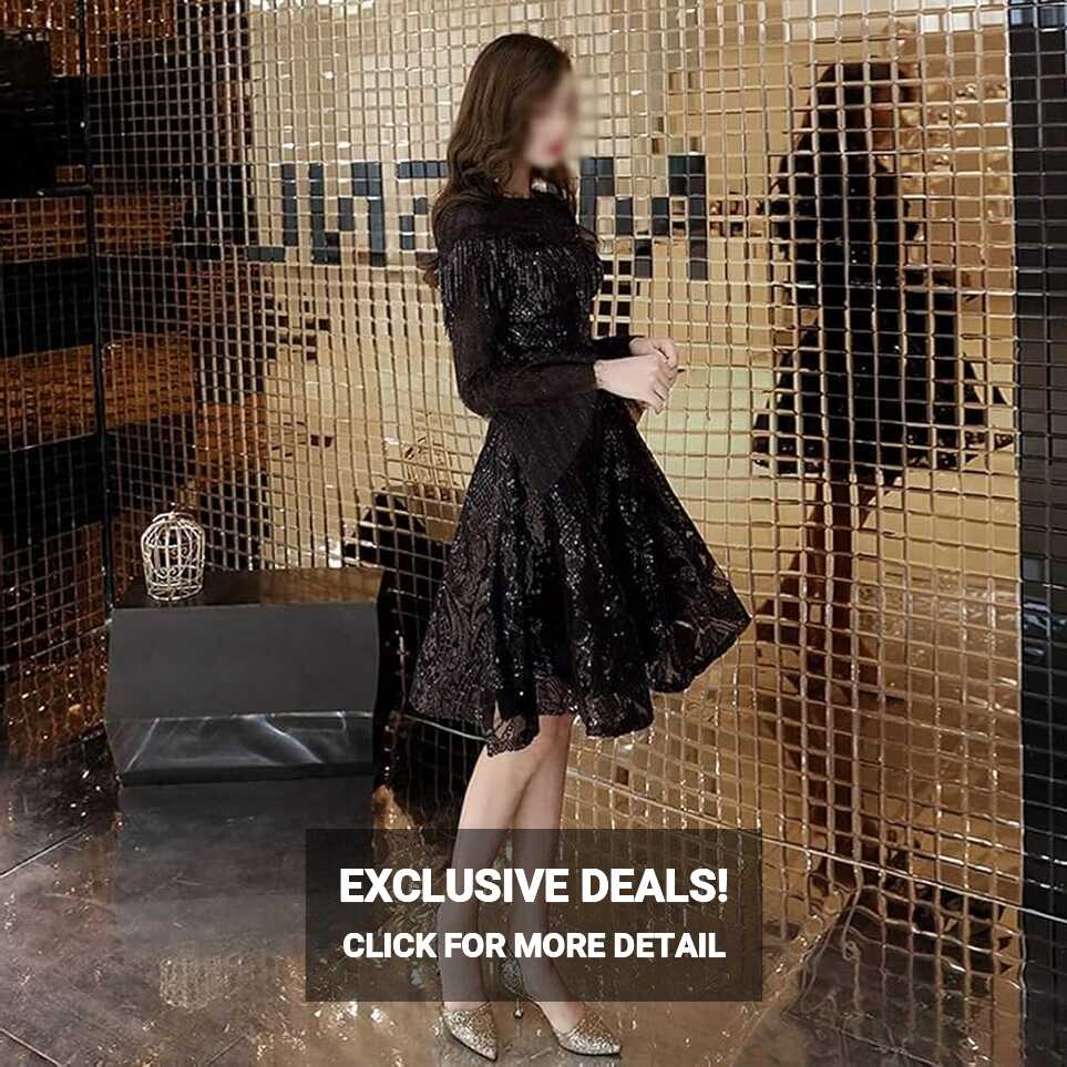 Long Sleeves Prom Dresses Sequined Black Evening Dresses Short ...