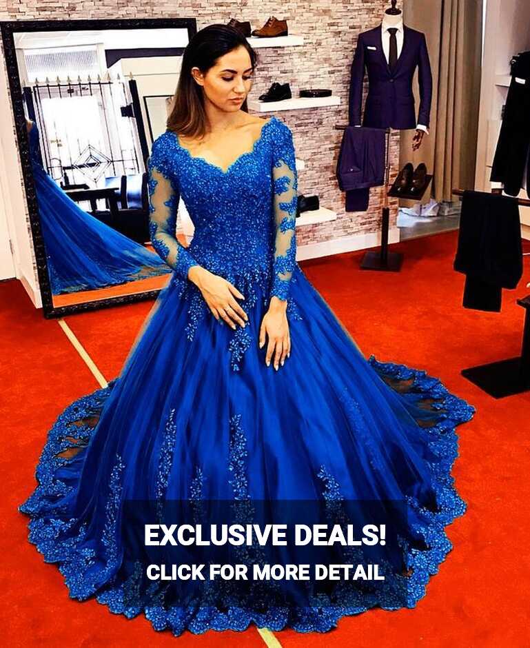 Long Sleeves Royal Blue Lace Ball Gowns Wedding Dresses