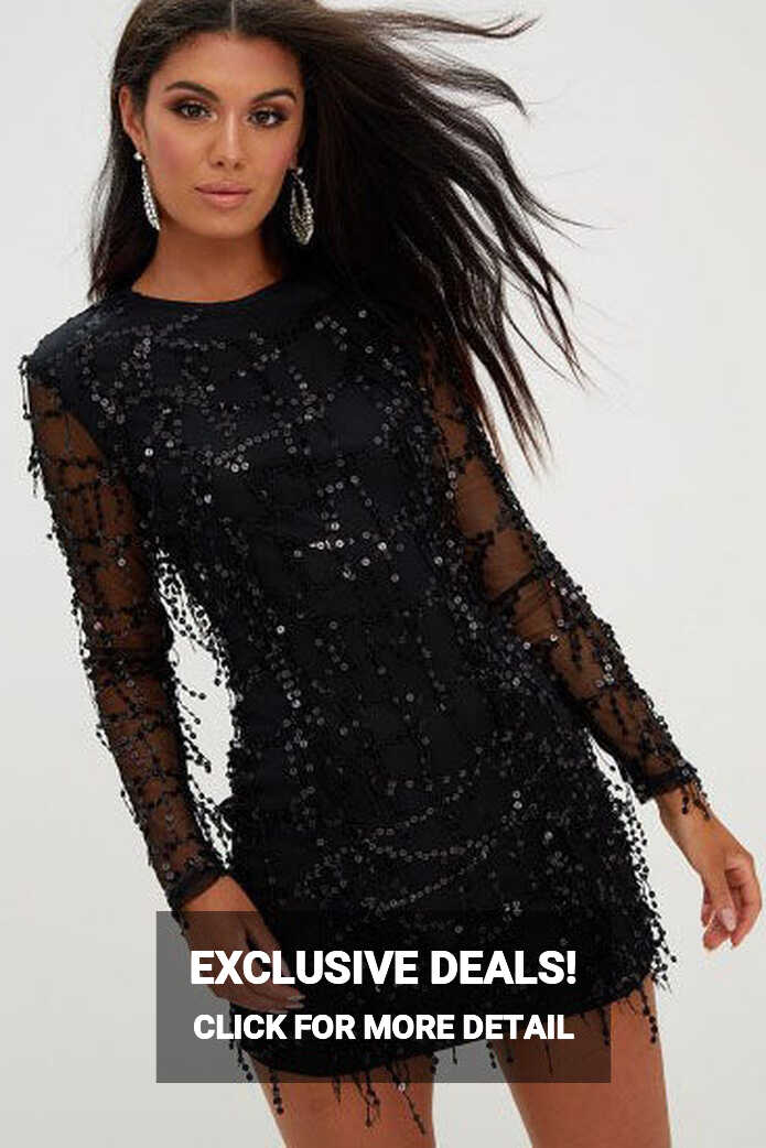 Long Sleeves Sequins Black Short Party Dress – FancyVestido