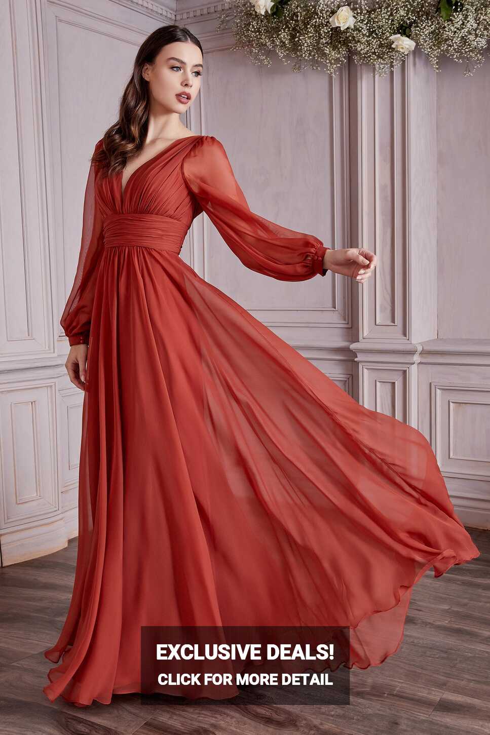 Long Sleeves V- Neckline Chiffon Evening Dress CD0192 – Sparkly Gowns