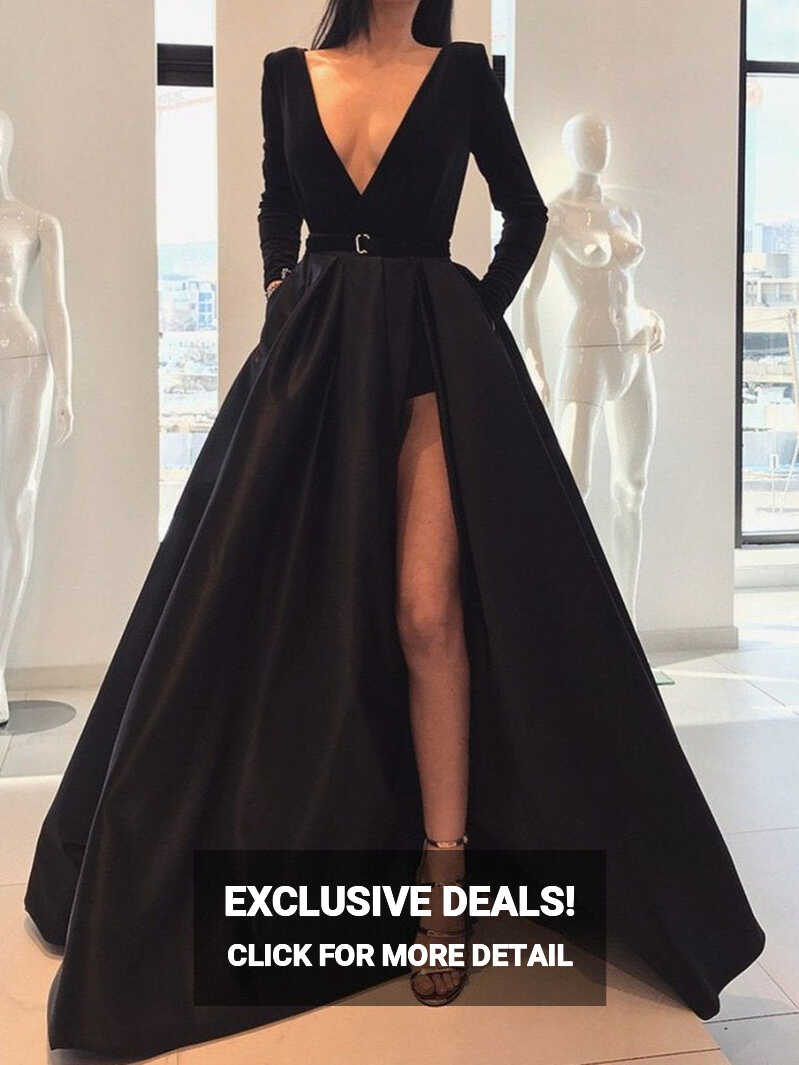 Long Sleeves V Neck Burgundy/ Black Prom Dress with High Slit ...