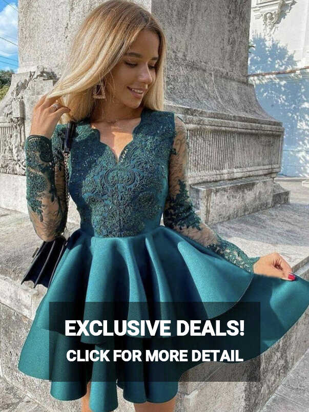 Long Sleeves V Neck Short Green Lace Prom Dresses, Long Sleeves ...