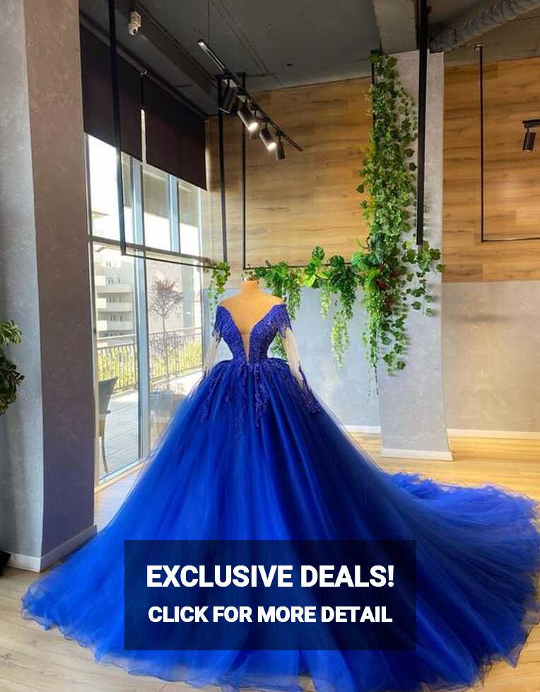 Long Sleve Royal Blue Prom Dresses Ball Gown Lace Applique Beaded ...