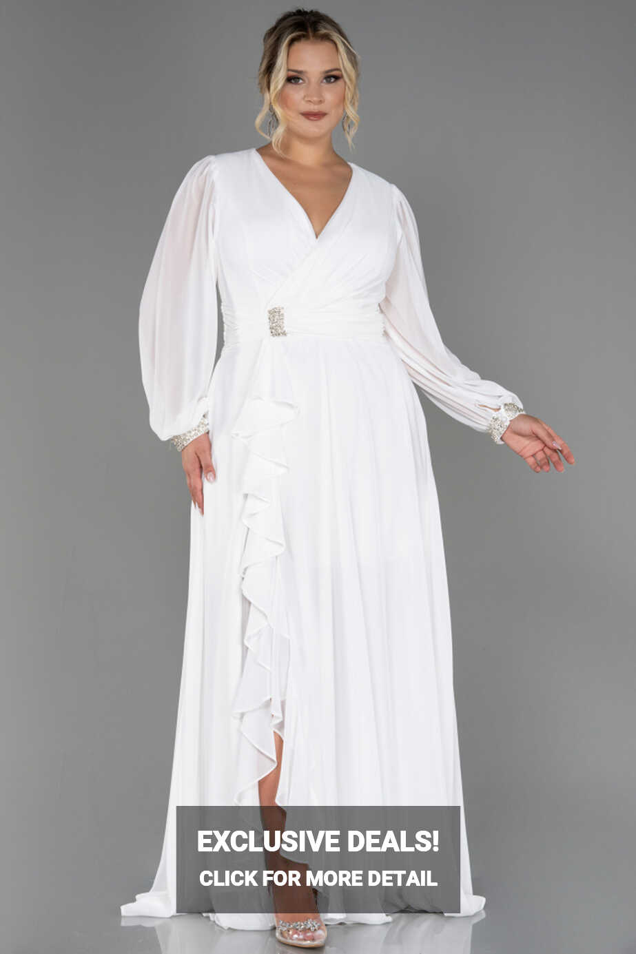 Long White Chiffon Plus Size Evening Dress ABU3222 | Abiyefon.com