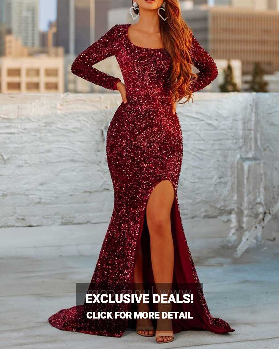 Long-sleeved Dark Red Sequin Mermaid Fitted Prom Gown - Lunss