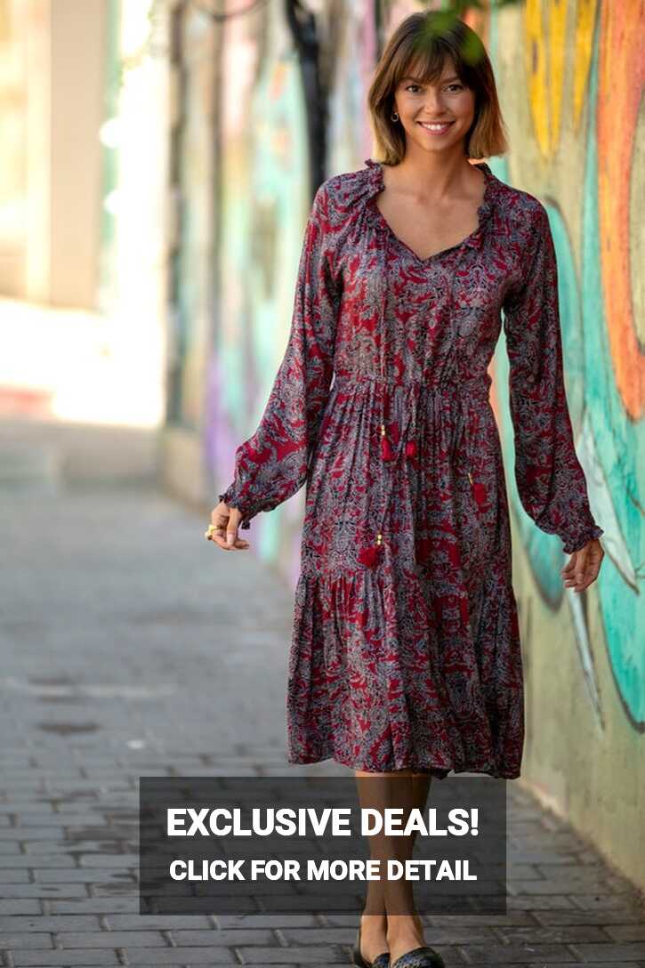 Loose Long Sleeves Dress, Wine Red Ethnic Dress, Below the Knee ...