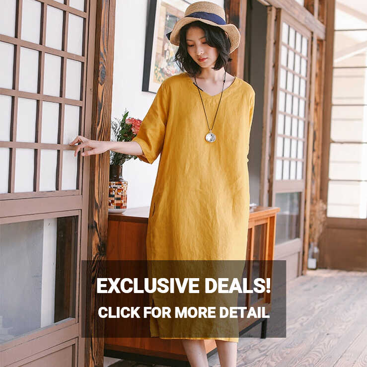 Loose Women Linen Yellow Dresses Summer Casual Outfits Q9410 ...