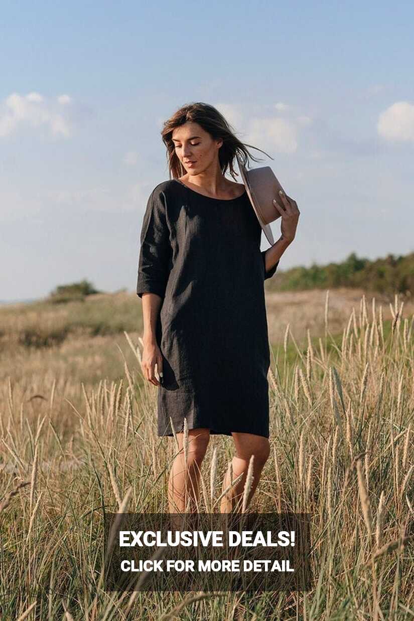 Loose-fit Linen Dress ARUBA in Black. Knee Length, Long Sleeve ...