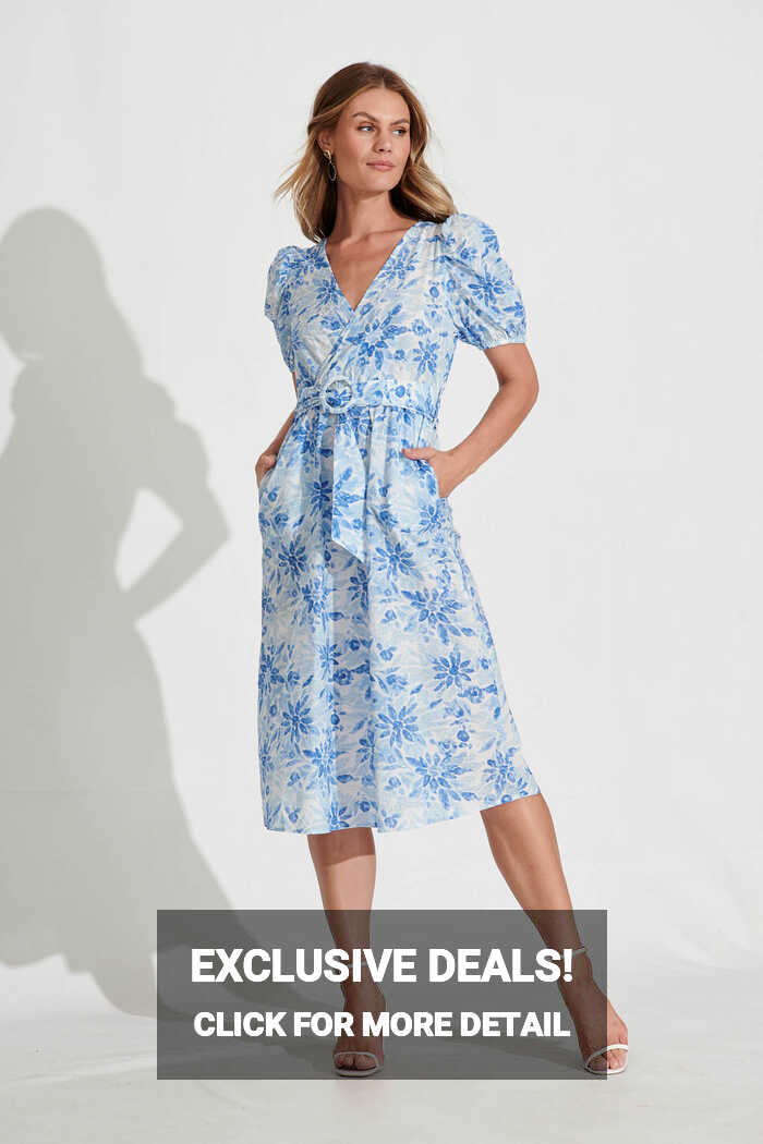 Lori Midi Dress In White With Blue Floral Cotton – St Frock