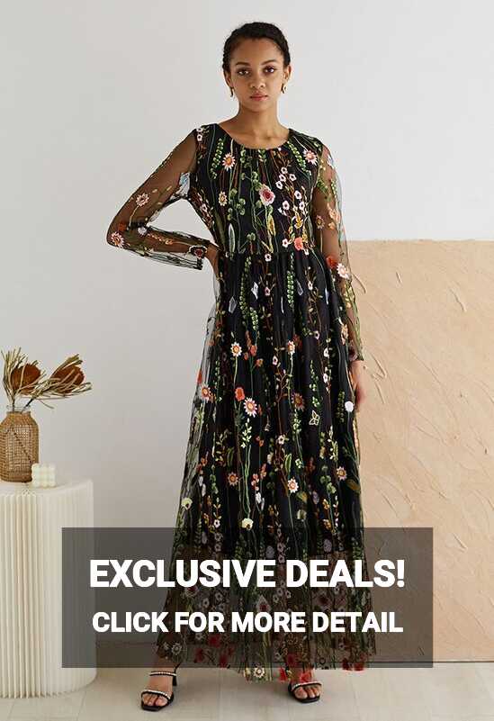 Lost in Flowering Fields Embroidered Mesh Maxi Dress in Black ...