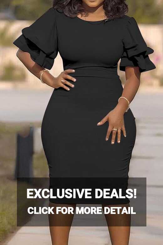 Lovely Casual O Neck Ruffle Black Knee Length Plus Size Dress