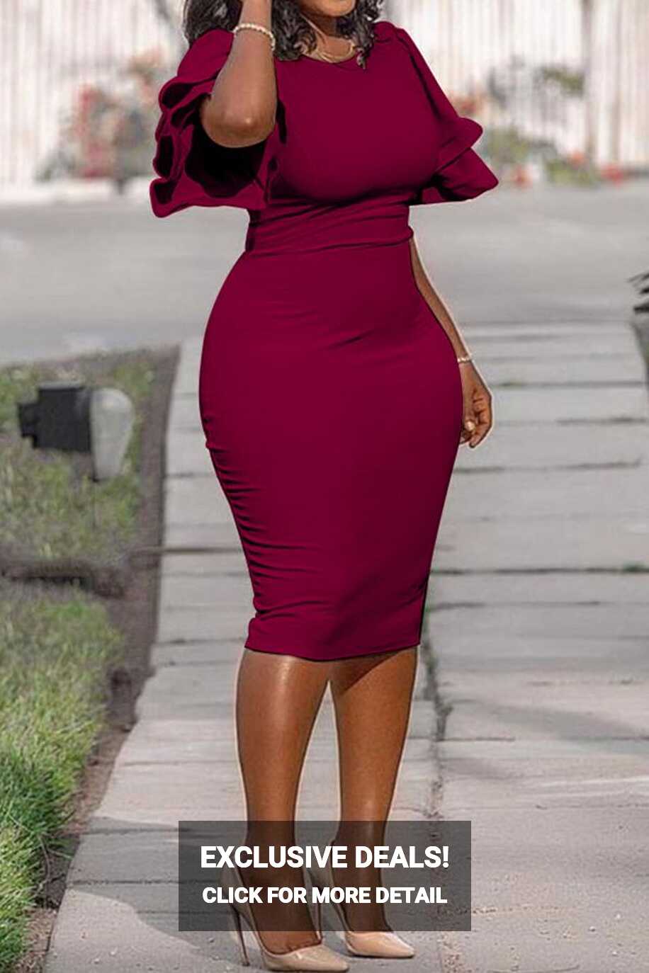 Lovely Casual O Neck Ruffle Wine Red Knee Length Plus Size Dress ...