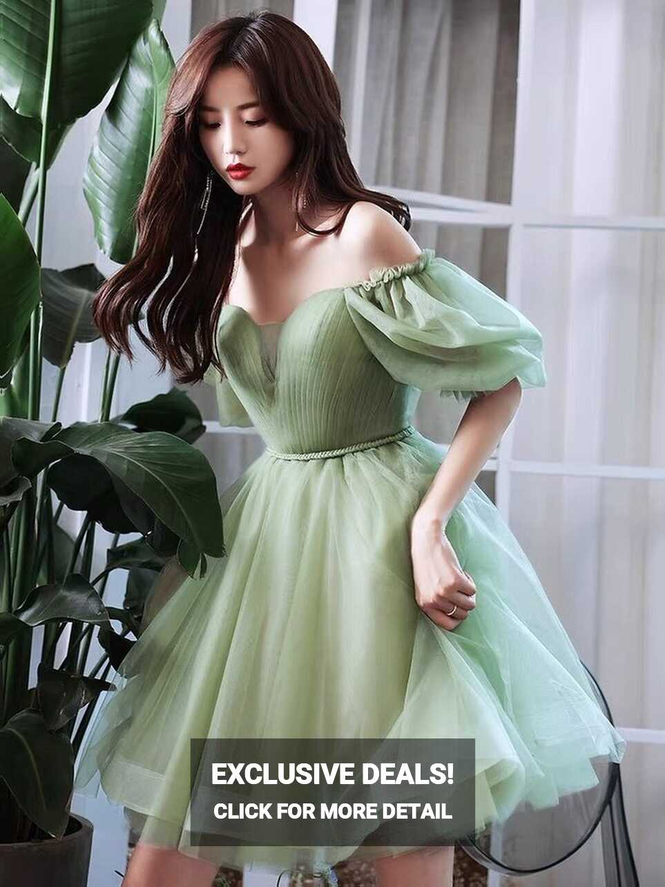 Lovely Green Short Tulle Off Shoulder Party Dress, Green ...