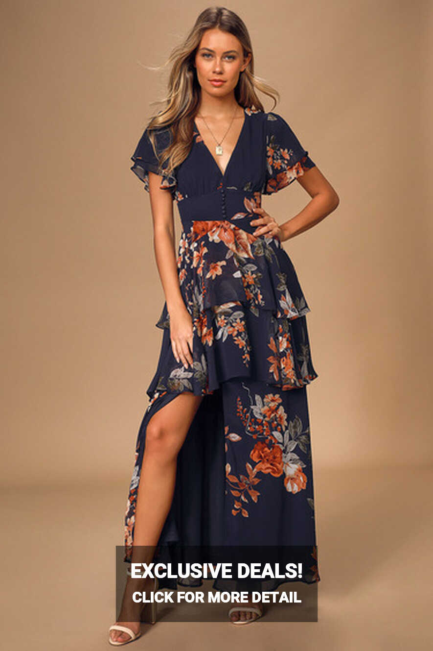 Lovely Navy Blue Dress - Tiered Maxi Dress - Floral Print Dress ...