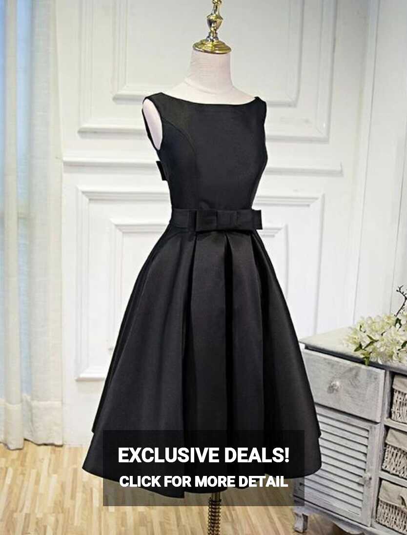 Lovely Simple Black Satin Knee Length Party Dresses - Picture ...