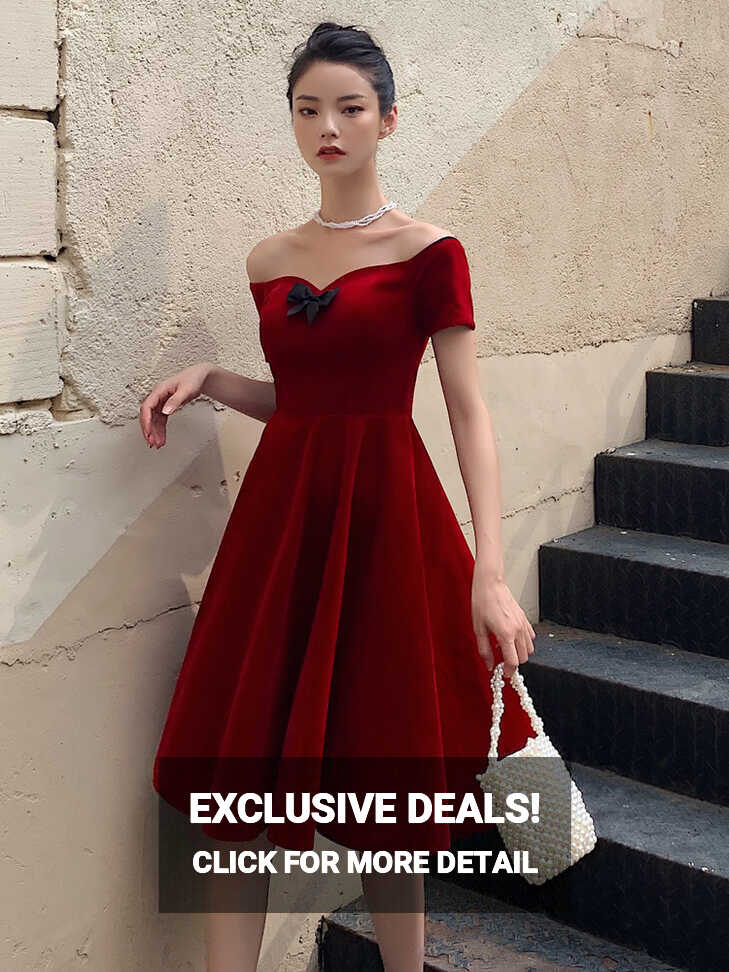 Lovely Wine Red Velvet Short Off Shoulder Wedding Party Dress ...