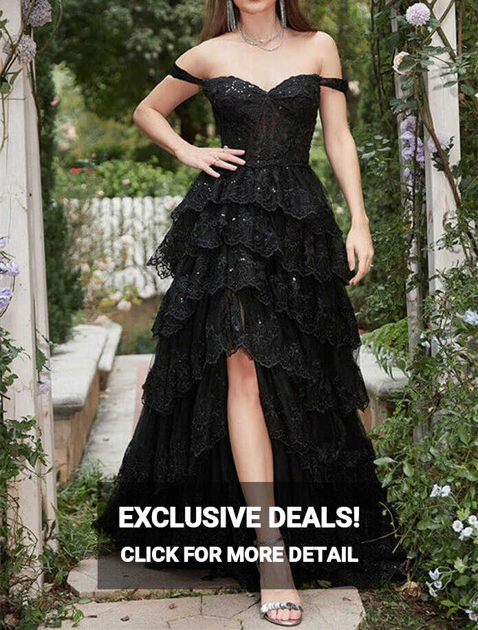 Lowime Black Glitter Ruffle Gown Long Off The Shoulder Tiered Prom ...