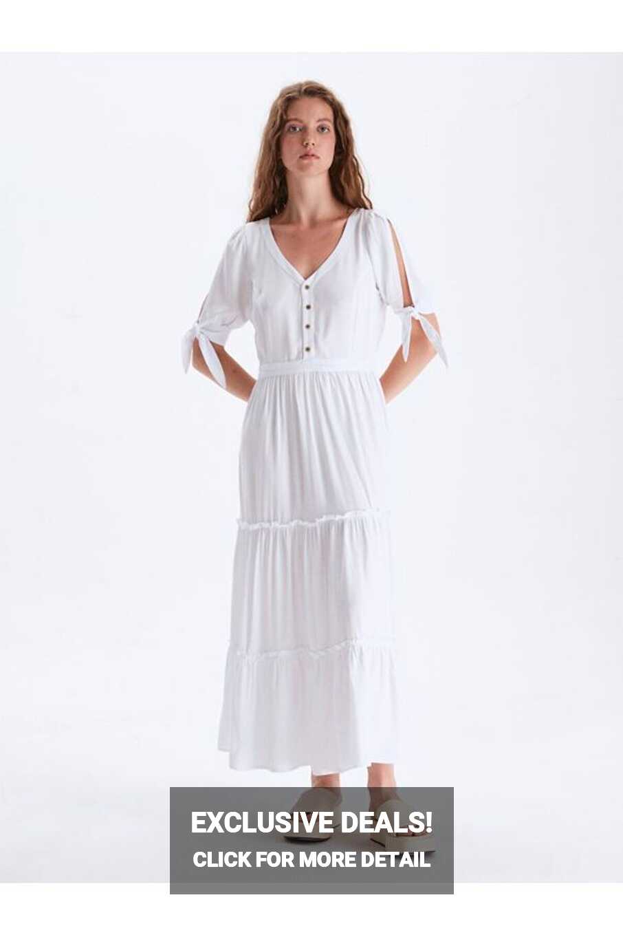 Ltb Long White Dress with Tie-Up Sleeves - Trendyol