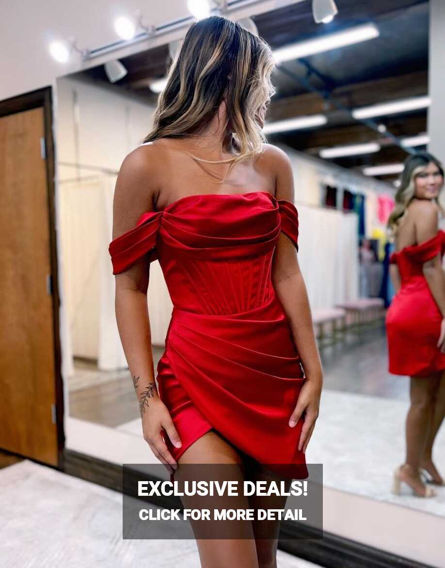 Lucy | Red Satin Off The Shoulder Short Homecoming Dress | KissProm